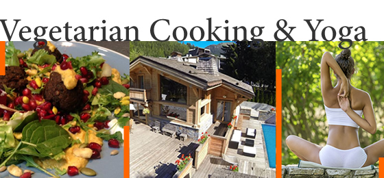 Vegetarian food, luxury Chamonix chalet with swimming pool, lady practising Yoga on Vegetarian Cooking & Yoga holiday